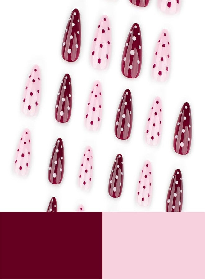 OSTTMA 24Pcs Polka Dot Press on Nails Medium Almond Fake Nails Wine Red Pink Acrylic Nail with Cute Polka Dots Designs Reusable Artificial False Nails Stick on Nail for Women DIY Manicure Tips - Image 5